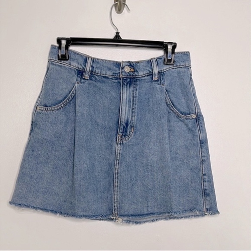 Free People we the free Rain Blue frayed hem pleated jean mini Skirt size small - Picture 2 of 9